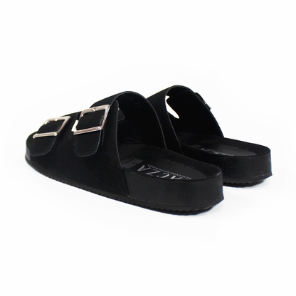Sandalias de Piso Doble Hebilla Negro Gamuza de Dama TACZA