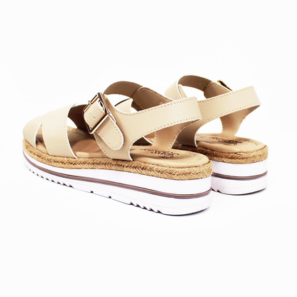 Sandalia Confort de Piel Beige Cruzada con Pulsera y Plataforma con Yute de Dama SUAVE CAMINAR