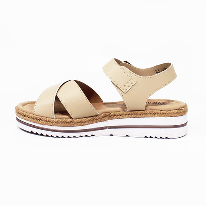 Sandalia Confort de Piel Beige Cruzada con Pulsera y Plataforma con Yute de Dama SUAVE CAMINAR
