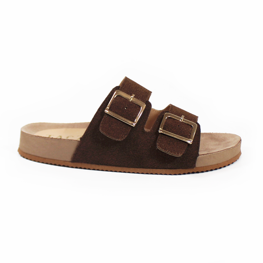 Sandalias de Piso Doble Hebilla Moka Gamuza de Dama TACZA