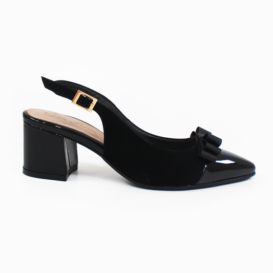 Zapatilla Slingback Puntal con Moño Negro Ante con Charol y Memory Foam de Dama G.LOREN
