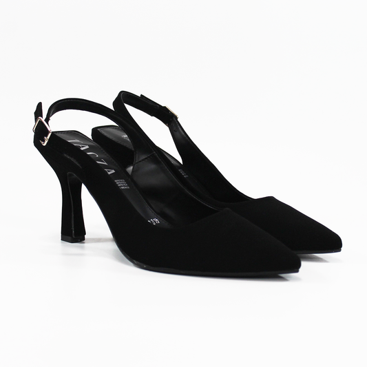 Zapatilla Slingback Puntal con tacón campana Destalonada Negro Ante de Dama TACZA