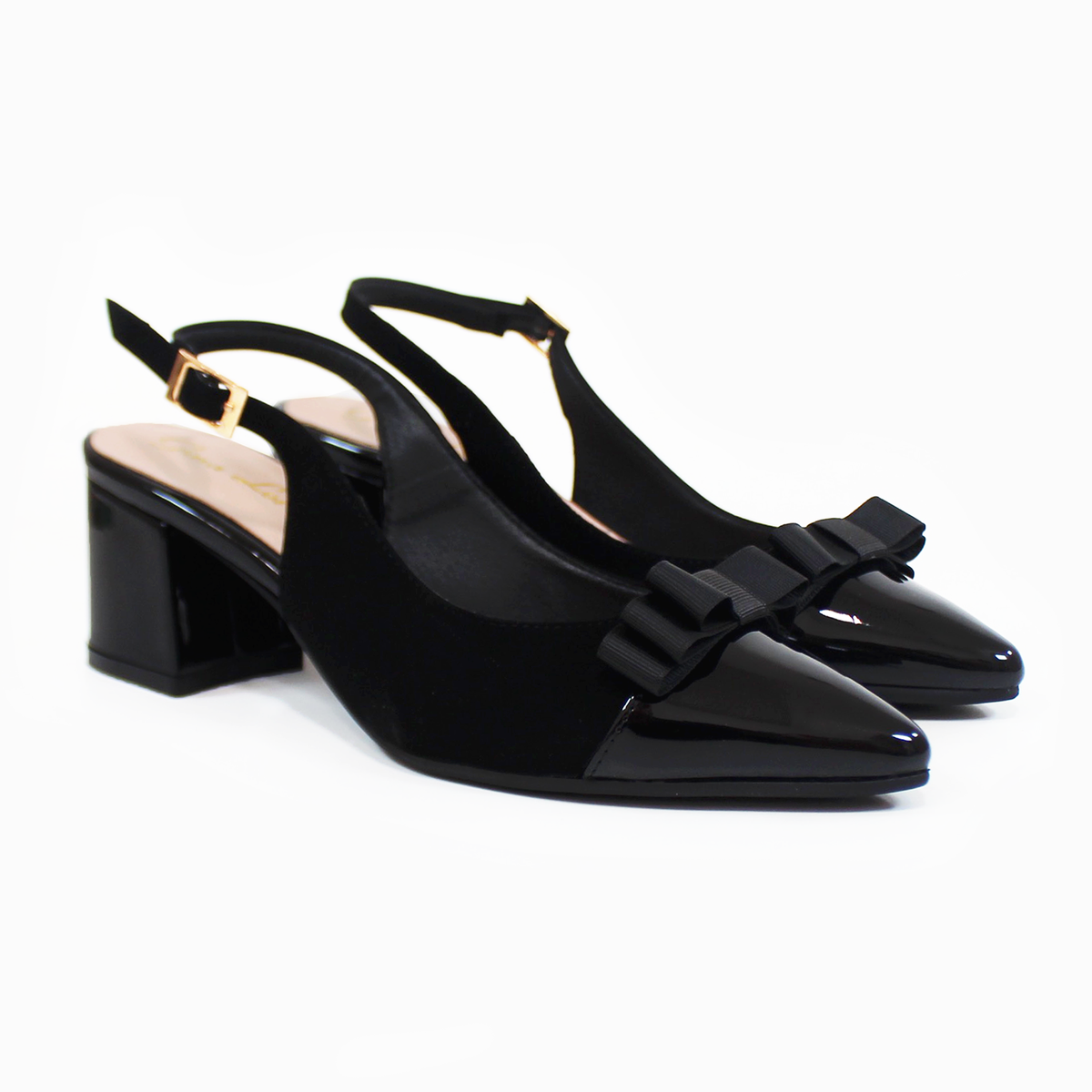 Zapatilla Slingback Puntal con Moño Negro Ante con Charol y Memory Foam de Dama G.LOREN