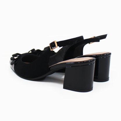 Zapatilla Slingback Puntal con Moño Negro Ante con Charol y Memory Foam de Dama G.LOREN