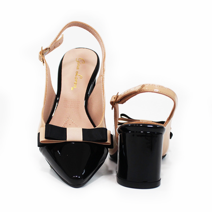 Zapatilla Slingback Puntal con Moño de Tacón Cuadrado Maquillaje con Negro y Memory Foam de Dama G.LOREN
