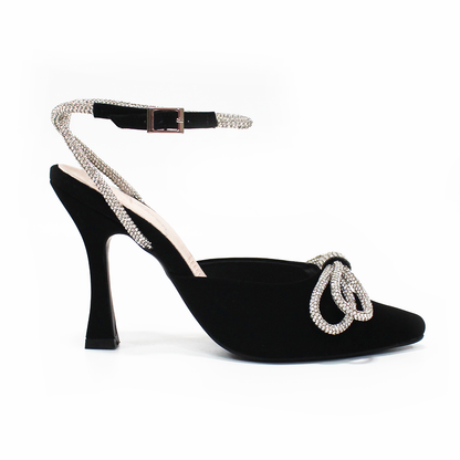 Zapatilla Fiesta Negro Ante con Moño de Brillo de Dama G.LOREN