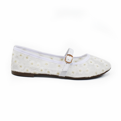 Flat Mary Jane Malla Blanco con Flores TACZA