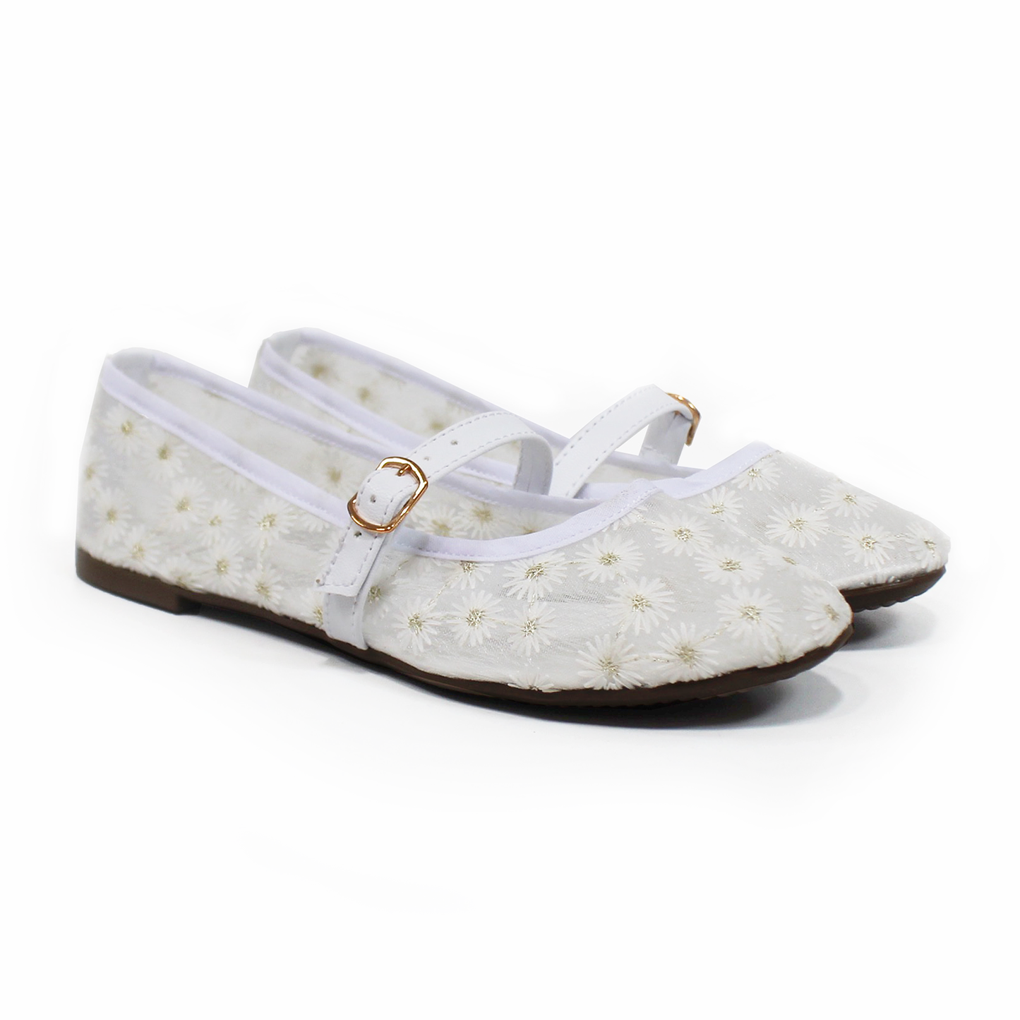 Flat Mary Jane Malla Blanco con Flores TACZA