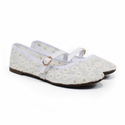 Flat Mary Jane Malla Blanco con Flores TACZA