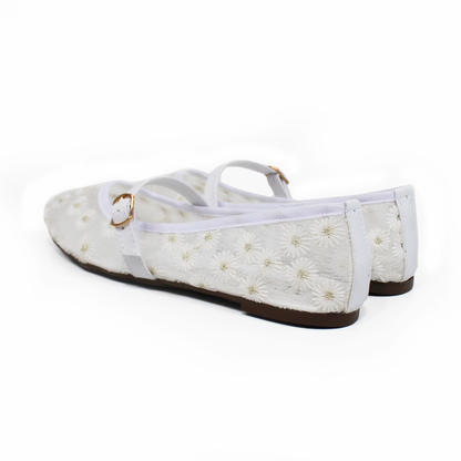 Flat Mary Jane Malla Blanco con Flores TACZA