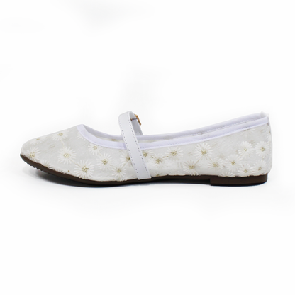 Flat Mary Jane Malla Blanco con Flores TACZA