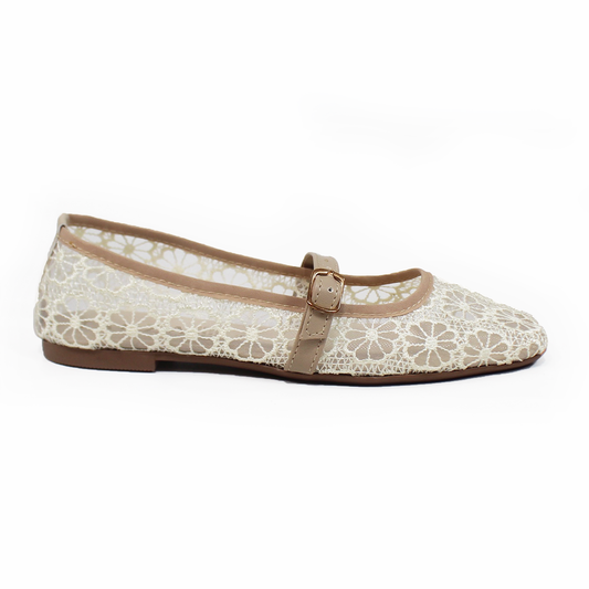 Flat Mary Jane Tejido Beige de Flores TACZA