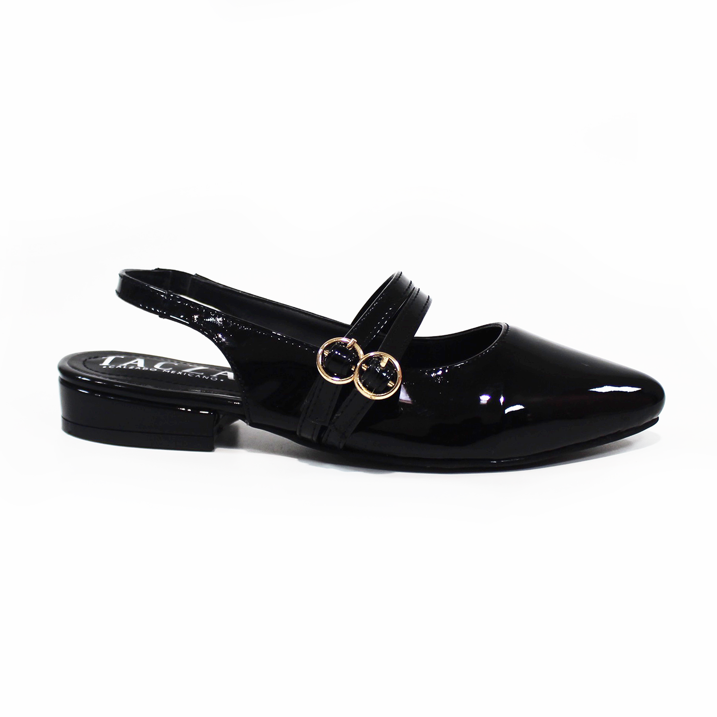 Zapatilla Slingback Destalonada Negro Charol con Doble Pulsera en Empeine TACZA