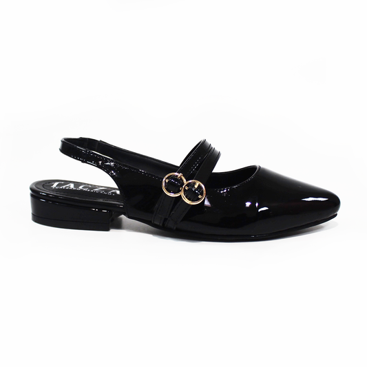 Zapatilla Slingback Destalonada Negro Charol con Doble Pulsera en Empeine TACZA