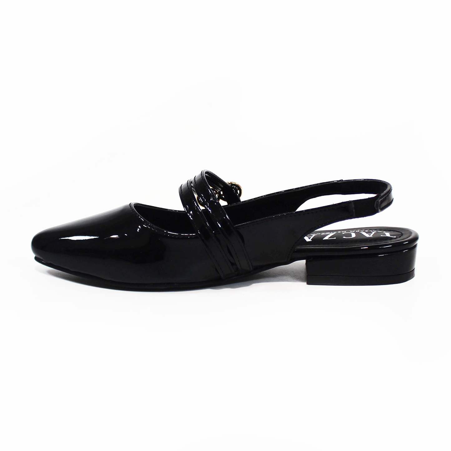 Zapatilla Slingback Destalonada Negro Charol con Doble Pulsera en Empeine TACZA