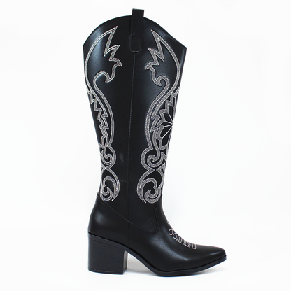 Bota Vaquera Negra con Bordado Blanco de Dama TACZA