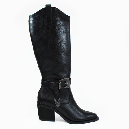 Bota Vaquera de Piel Negro con Cinto en Tubo de Dama PIEDRANGULAR