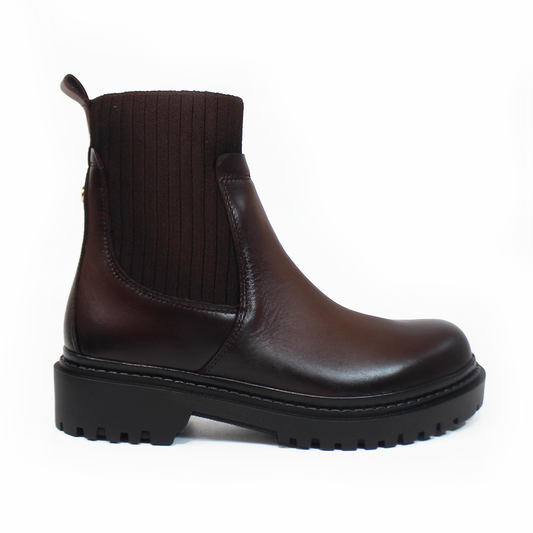 Botin Chelsea Calcetín Chocolate de Piel con suela Track de Dama VERDE TABACO