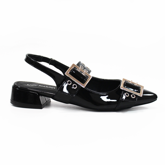 Flat Slingback Mule Negro Charol con detalle de ojales y doble Hebilla de Dama LADY PAULINA