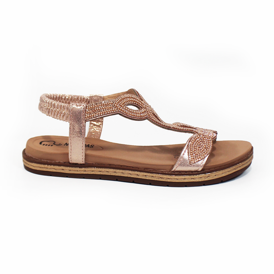 Sandalia NOMADAS de piso Comfy con Pedreria Oro Rosado y Elástico de Dama