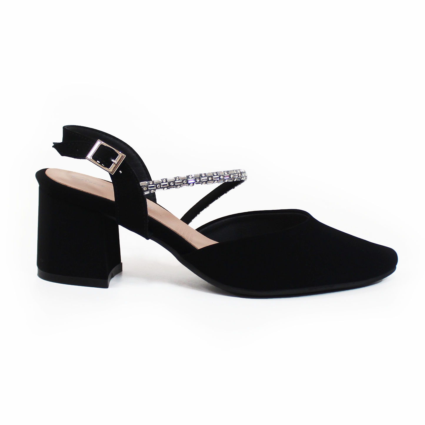 Zapatilla Tacon Cuadrado Negro Ante con Tira de Brillos en Empeine y Memory Foam G.LOREN