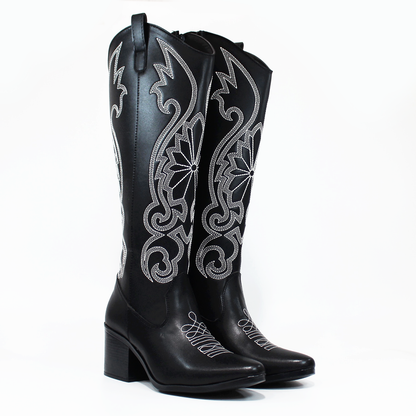 Bota Vaquera Negra con Bordado Blanco de Dama TACZA