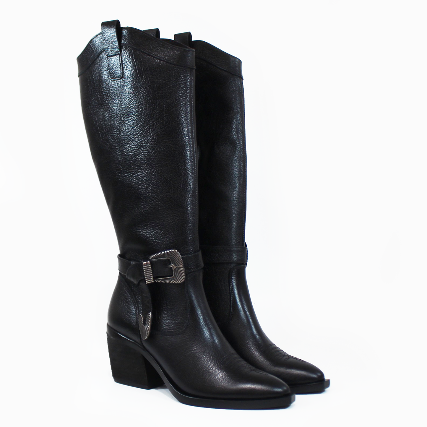 Bota Vaquera de Piel Negro con Cinto en Tubo de Dama PIEDRANGULAR