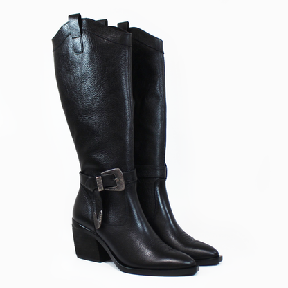 Bota Vaquera de Piel Negro con Cinto en Tubo de Dama PIEDRANGULAR