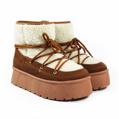 Bota de Invierno de Cintas con Borrega Tan de Plataforma de Dama ZTA