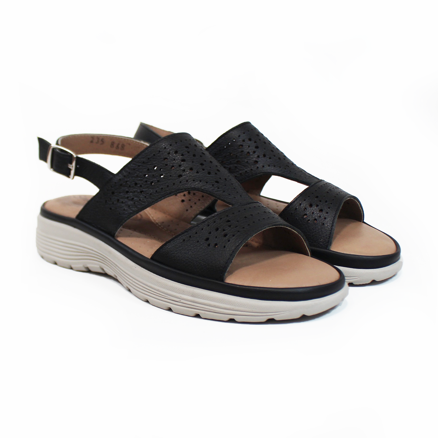 Sandalia Confort de Piel Negra con Perforaciones con Correa en tobillo de Dama STEFANIA