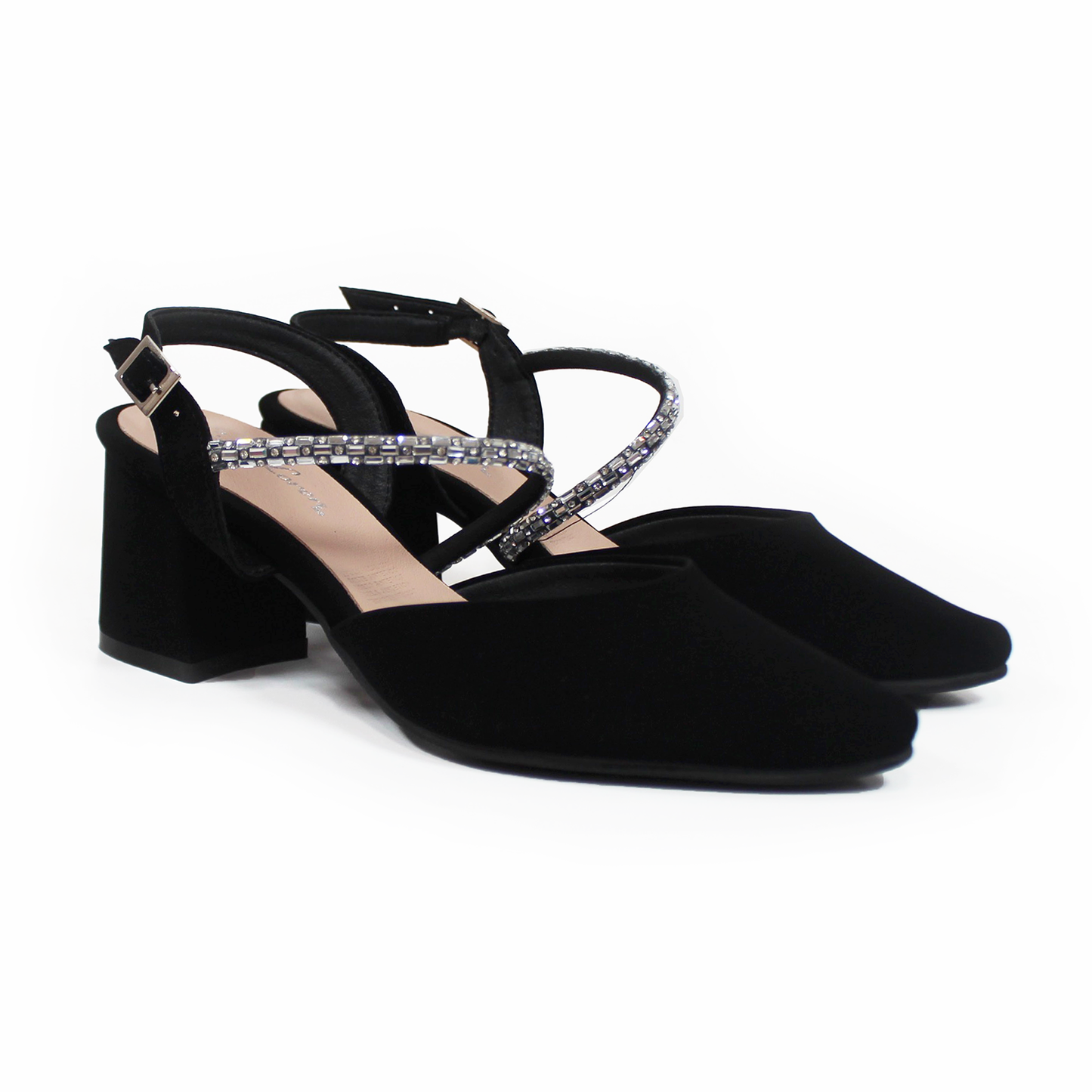 Zapatilla Tacon Cuadrado Negro Ante con Tira de Brillos en Empeine y Memory Foam G.LOREN