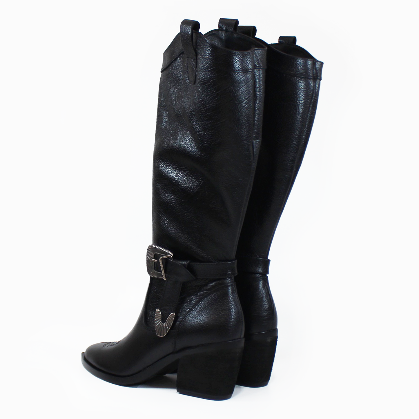 Bota Vaquera de Piel Negro con Cinto en Tubo de Dama PIEDRANGULAR