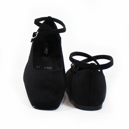 Flat de Piel Negro Terciopelo con Pulsera Cruzada en Tobillo de Dama STEFANIA