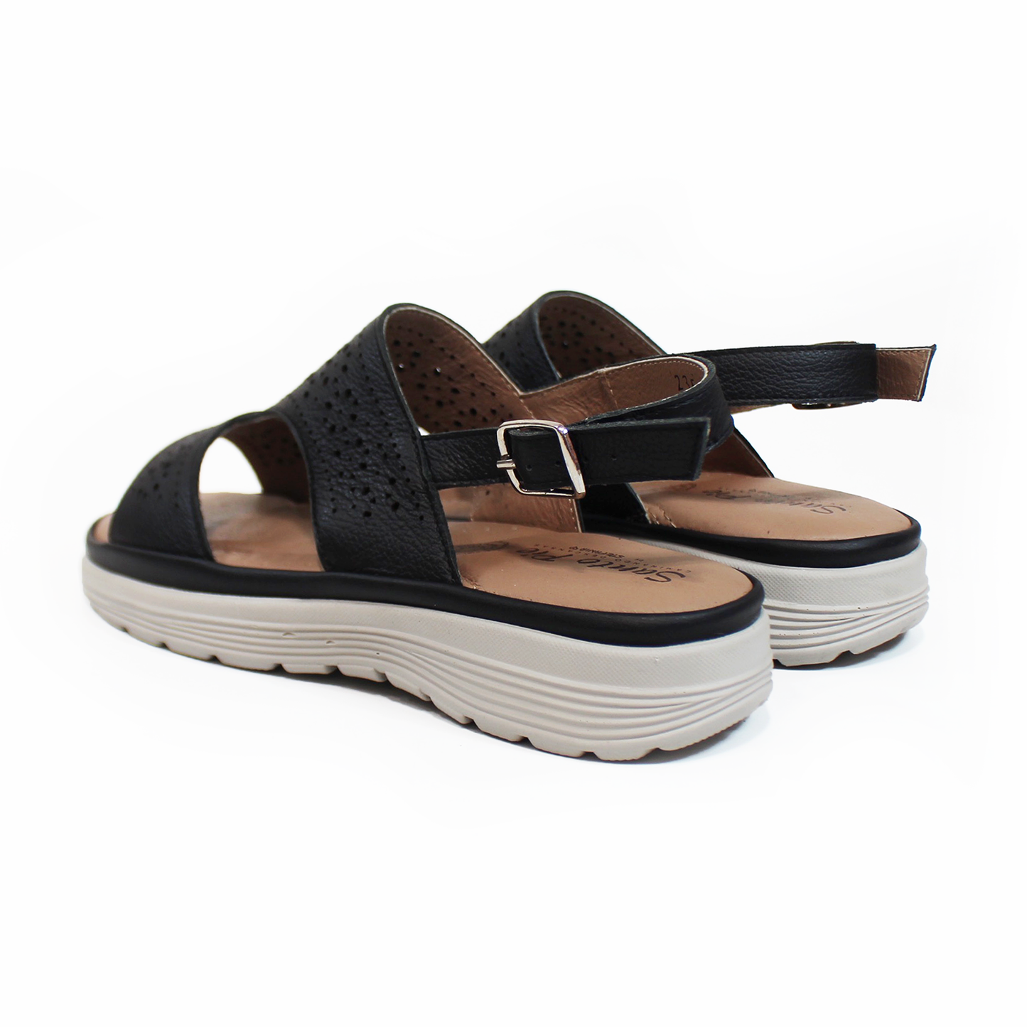 Sandalia Confort de Piel Negra con Perforaciones con Correa en tobillo de Dama STEFANIA