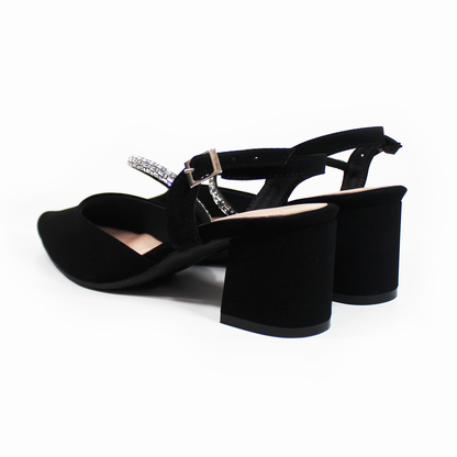 Zapatilla Tacon Cuadrado Negro Ante con Tira de Brillos en Empeine y Memory Foam G.LOREN