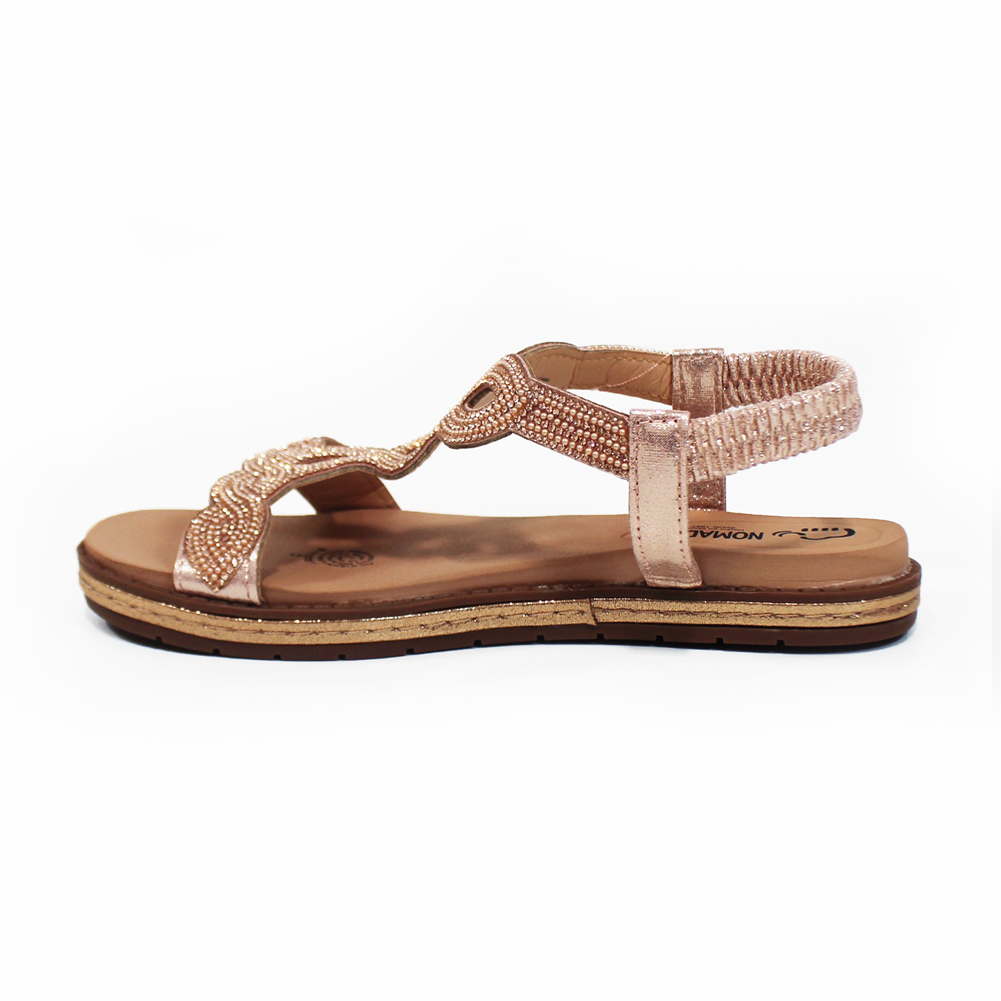 Sandalia NOMADAS de piso Comfy con Pedreria Oro Rosado y Elástico de Dama