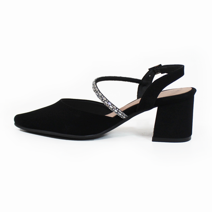 Zapatilla Tacon Cuadrado Negro Ante con Tira de Brillos en Empeine y Memory Foam G.LOREN