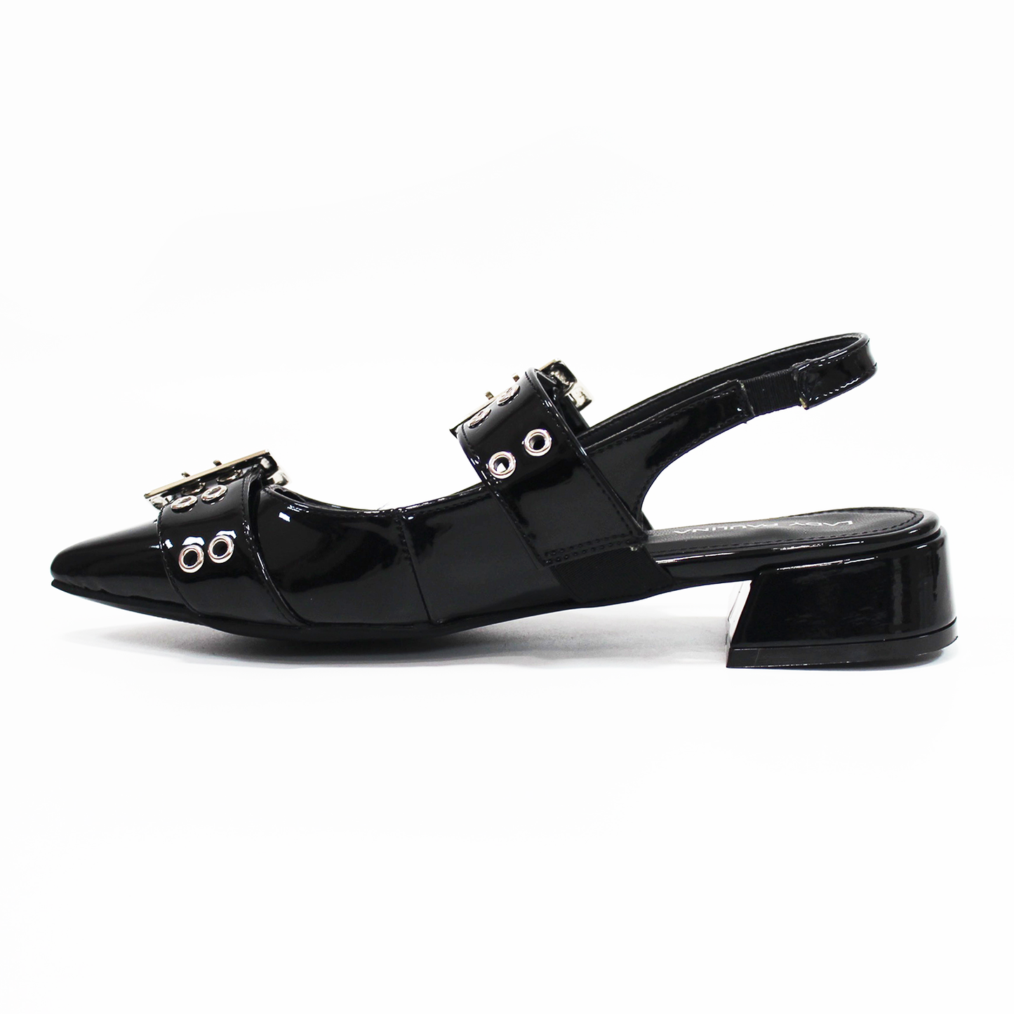 Flat Slingback Mule Negro Charol con detalle de ojales y doble Hebilla de Dama LADY PAULINA