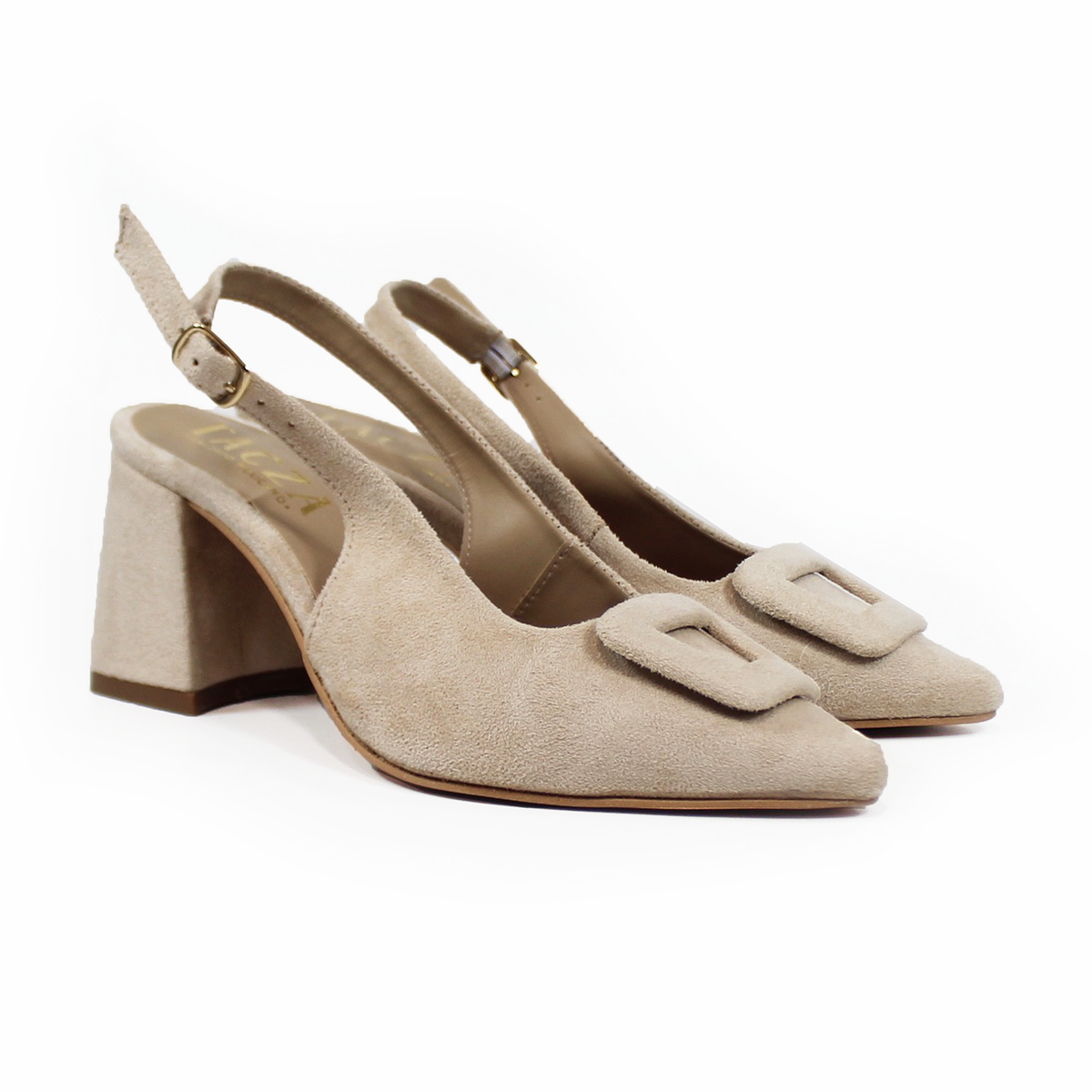 Zapatilla Puntal Beige Gamuza Destalonada con Botón Cuadrado TACZA