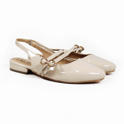 Zapatilla Slingback Destalonada Beige Charol con Doble Pulsera en Empeine TACZA