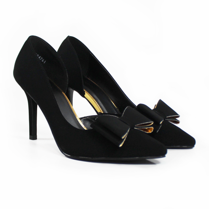 Stiletto Negro Ante Lateral Semiabierto con Moño y Detalles Dorados LADY PAULINA