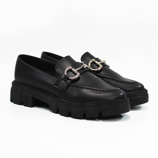 Mocasín Chunky Negro con Herraje Plata de Dama TACZA