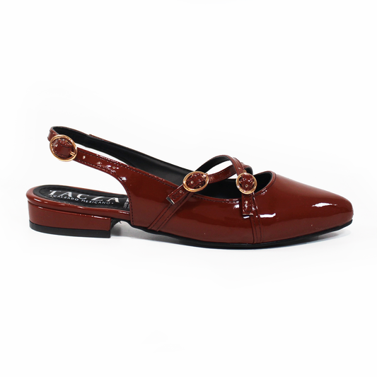 Flat Slingback Destalonada con Tiras Cruzadas Café Charol TACZA