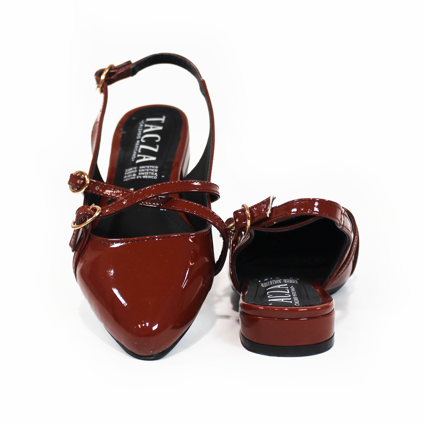 Flat Slingback Destalonada con Tiras Cruzadas Café Charol TACZA