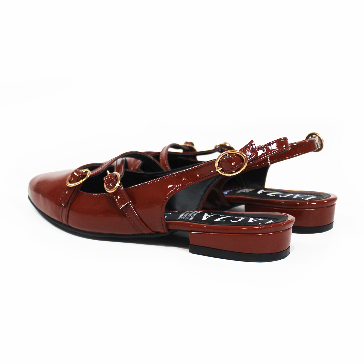 Flat Slingback Destalonada con Tiras Cruzadas Café Charol TACZA