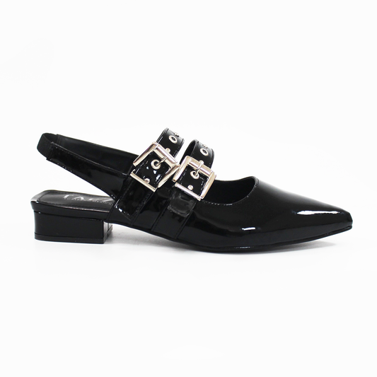 Flat Slingback Puntal con doble Hebilla y Elástico en tobillo Negro Charol de Dama TACZA