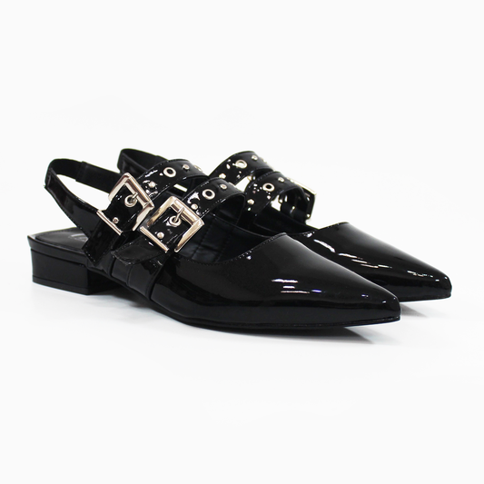 Flat Slingback Puntal con doble Hebilla y Elástico en tobillo Negro Charol de Dama TACZA