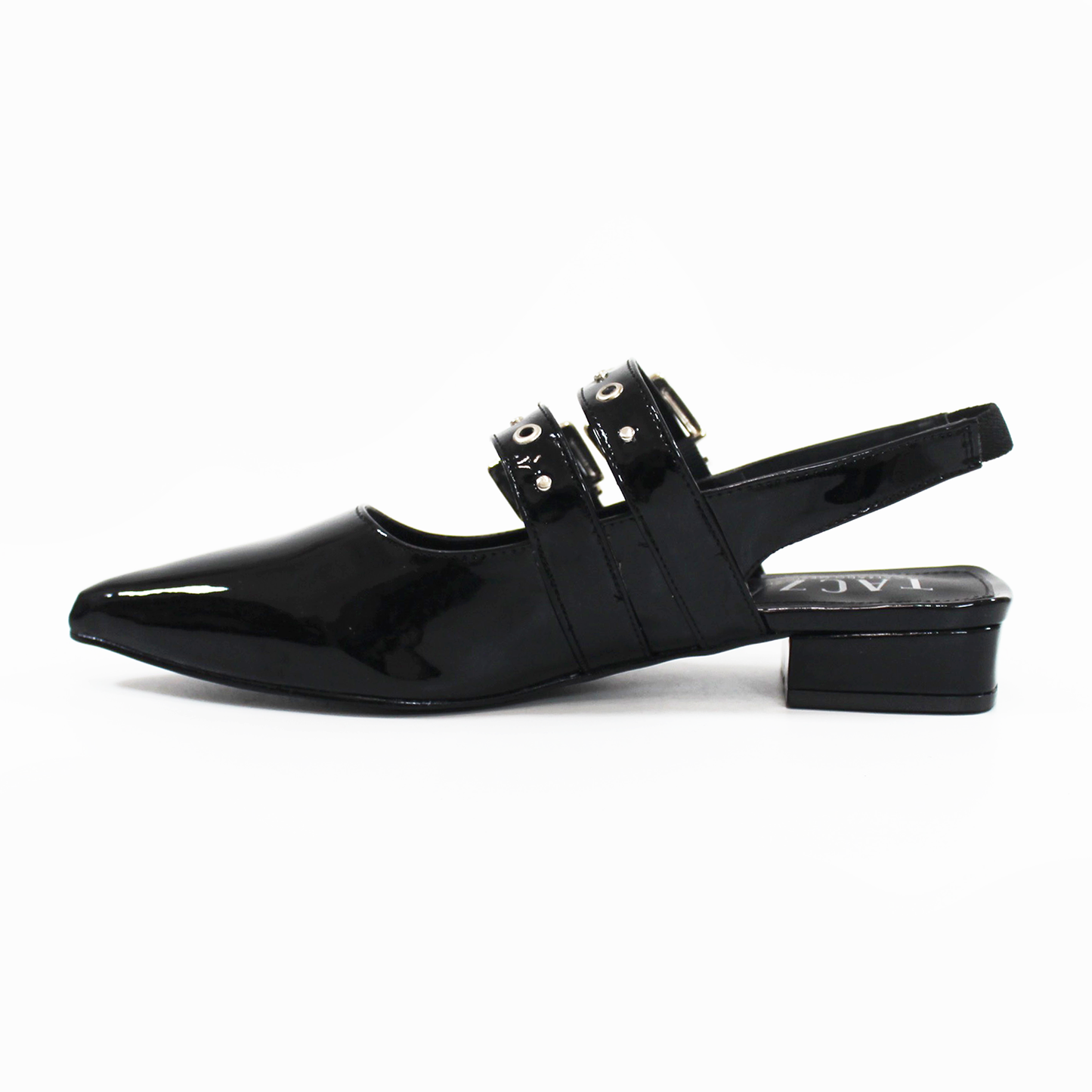 Flat Slingback Puntal con doble Hebilla y Elástico en tobillo Negro Charol de Dama TACZA