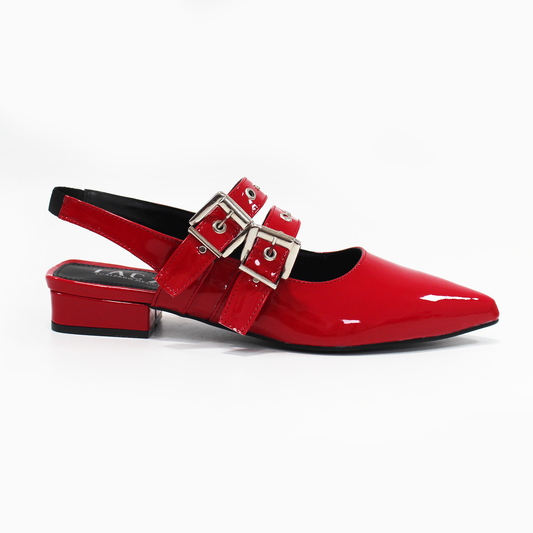 Flat Slingback Puntal con doble Hebilla y Elástico en tobillo Rojo Charol de Dama TACZA