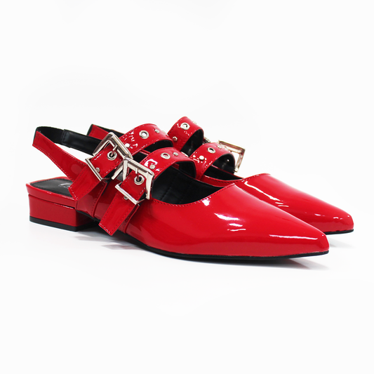 Flat Slingback Puntal con doble Hebilla y Elástico en tobillo Rojo Charol de Dama TACZA